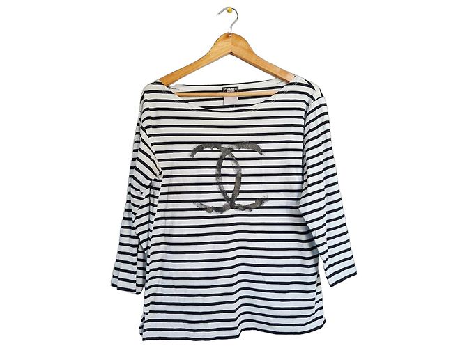 T-shirt marinière a righe Chanel con logo CC Nero Bianco