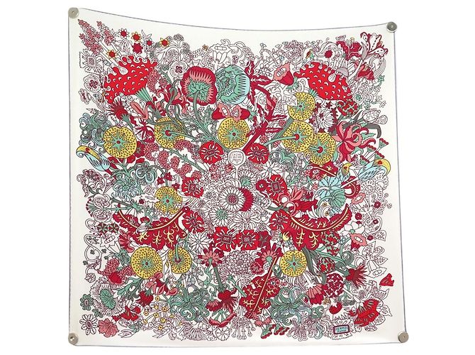 Hermès FASCIA DI SETA HERMES CACHE CACHE FLEURI 90 CM BIANCA Bianco 