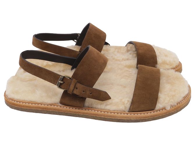 Saint Laurent Shearling-Lined Slingback Strap Sandals in Brown Suede