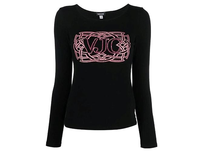 Versace Pullover mit Glitzer-Logo-Print Schwarz 