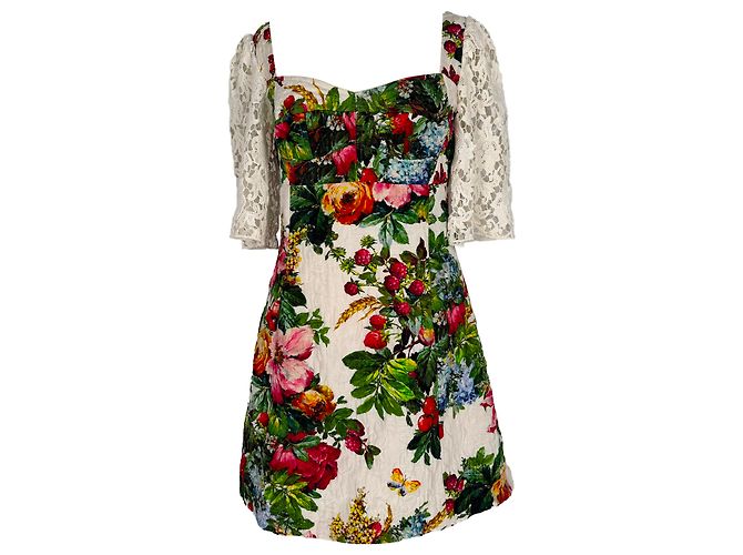Dolce & Gabbana Mini-Kleid aus floralem Jacquard in Multicolor-Baumwolle Mehrfarben