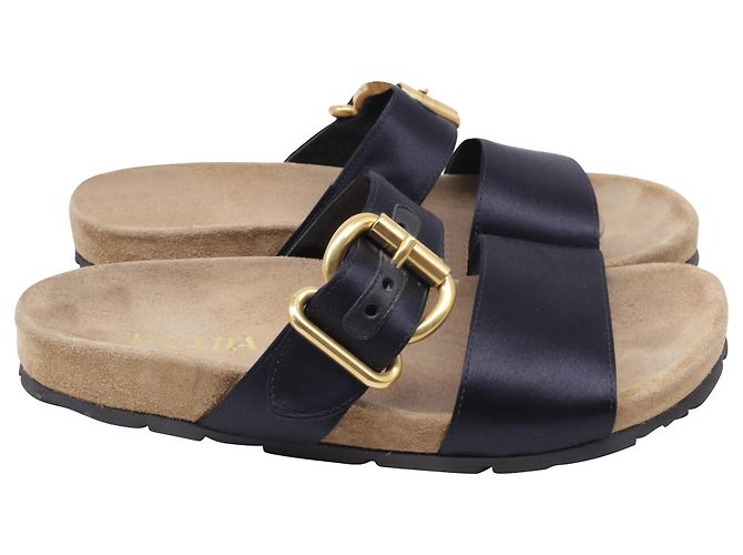 Prada Double-Strap Slide Sandals in Black Satin
