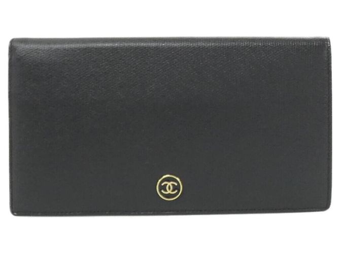 Timeless Chanel Coco Button Line Leather Long Wallet Black
