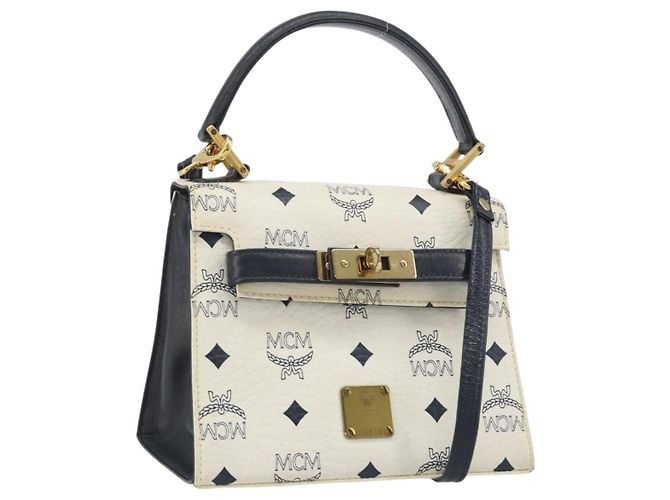 Sac à main MCM Vicetos Logogram PVC Cuir 2way White Gold Auth 193908 Blanc Doré