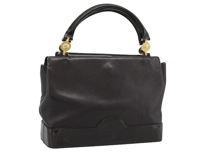 Bolsa de mão VERSACE em couro marrom com detalhes em tom dourado Auth BA14561