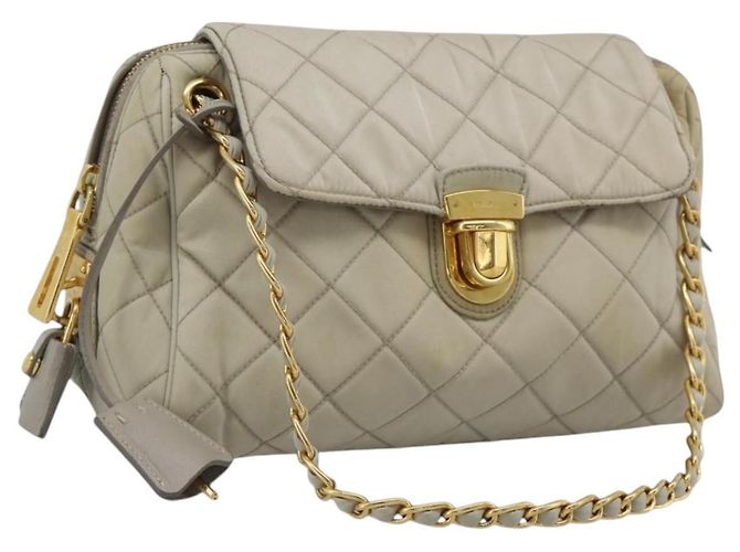 Bolsa de Ombro com Corrente PRADA Nylon Bege Ouro Auth bs36530 Dourado