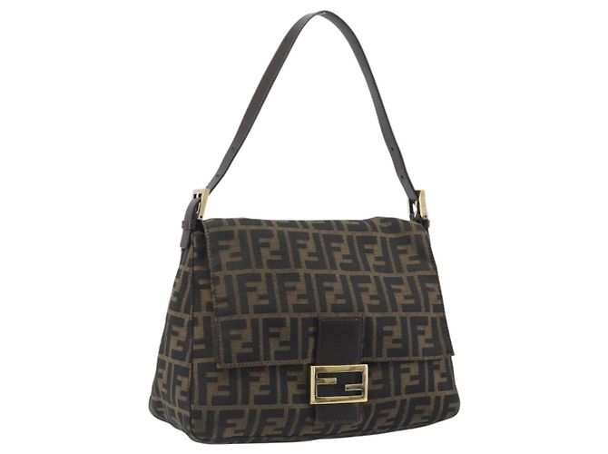 FENDI Zucca Canvas Mamma Baguette Borsa a Spalla Marrone Nero Auth 193423V