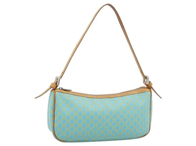 Céline CELINE Macadam Canvas Accessory Pouch Turquoise Blue Silver Auth 194735V Silvery