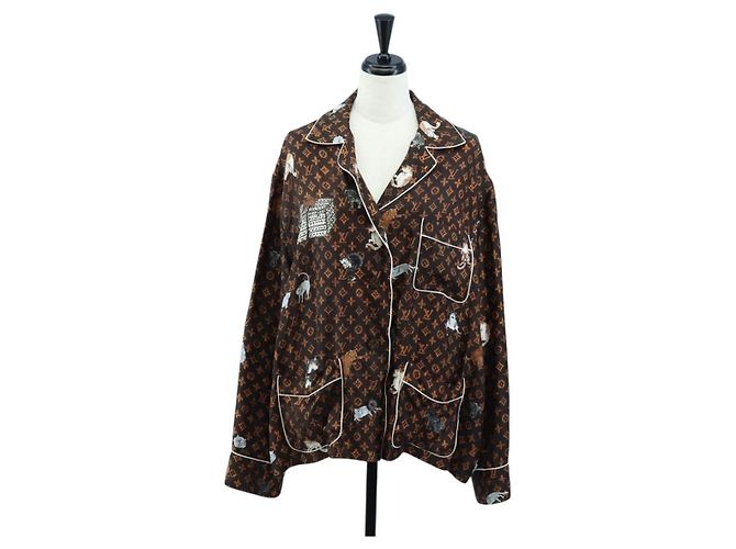 Camicia a maniche lunghe LOUIS VUITTON Catgram Seta 40 Marrone LV Auth ar14094