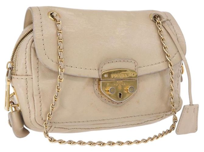 Bolsa de Ombro com Corrente PRADA em Couro Bege Ouro Auth bs36546 Dourado