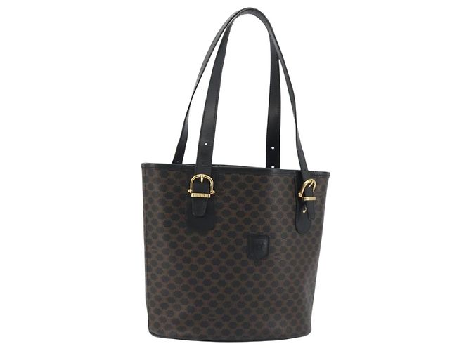 Céline Bolsa Tote CELINE Macadam em lona PVC e couro preto e dourado Auth 192542A
