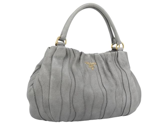 Bolsa de mão PRADA em couro cinza e dourado Auth 194293V Marrom