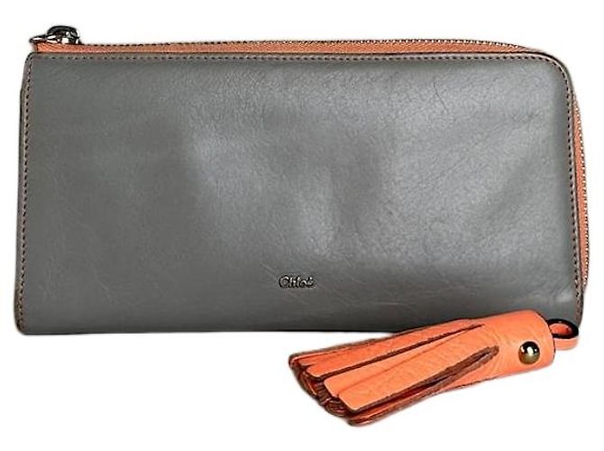 Chloé Vintage Chloe Leather Zip Wallet Grey Orange