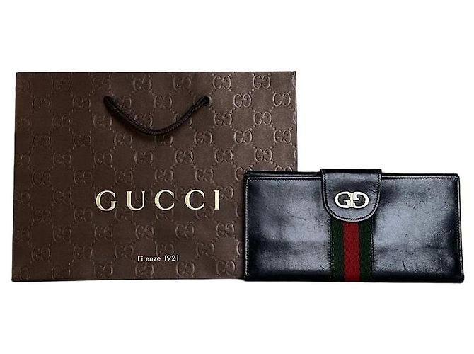 Vintage Gucci Web Stripe Leather Wallet Black Gold