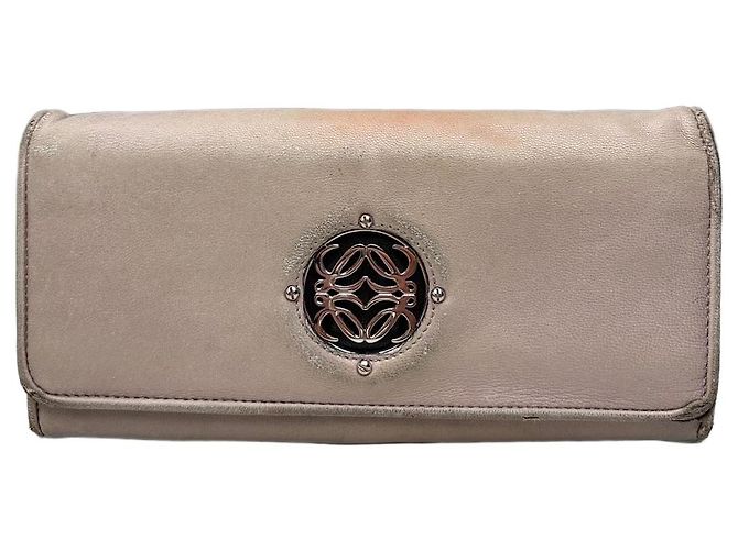 Vintage Loewe Leather Long Wallet Beige Brown Silver