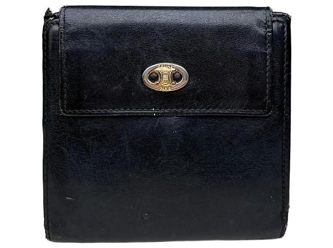 Céline Vintage Celine Leather Wallet Black Gold Snap
