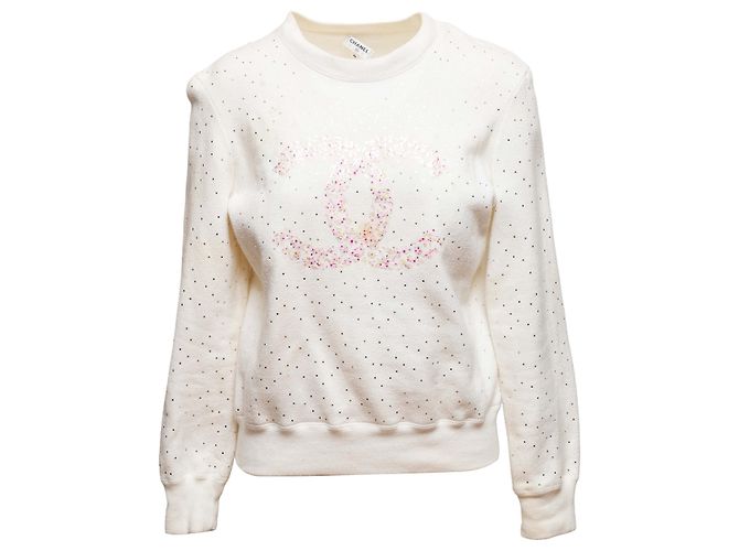 Chanel Baumwoll-Sweatshirt mit Logo Rundhalsausschnitt Weiß & Hellrosa 2021 Größe FR 36