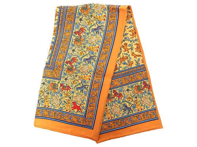 Lenço de seda Hermès Chasse En Inde 90 Laranja