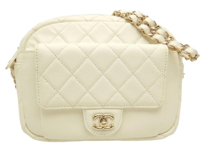 Camera Bolsa de câmera Chanel CC Quilted Caviar branca Branco