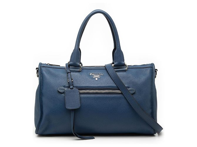 Borsa blu Prada Vitello Phenix Zip Top Satchel