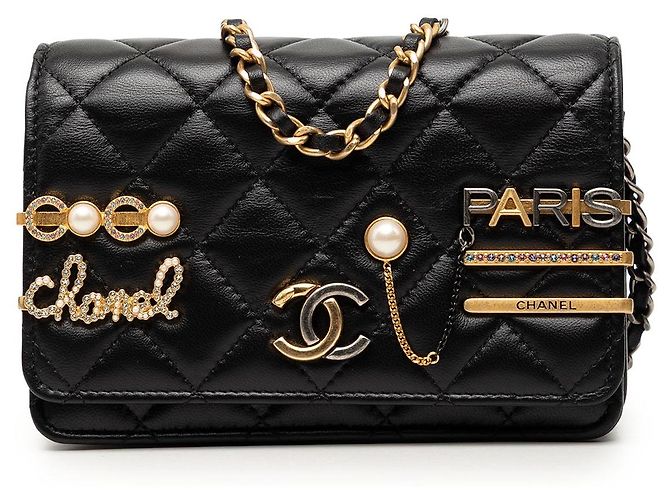 Borsa a tracolla Chanel Mini CC Quilted Lambskin Coco Clips Wallet on Chain nera Nero