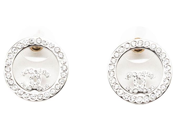 Silver Chanel CC Brass Strass Push Back Earrings Silvery