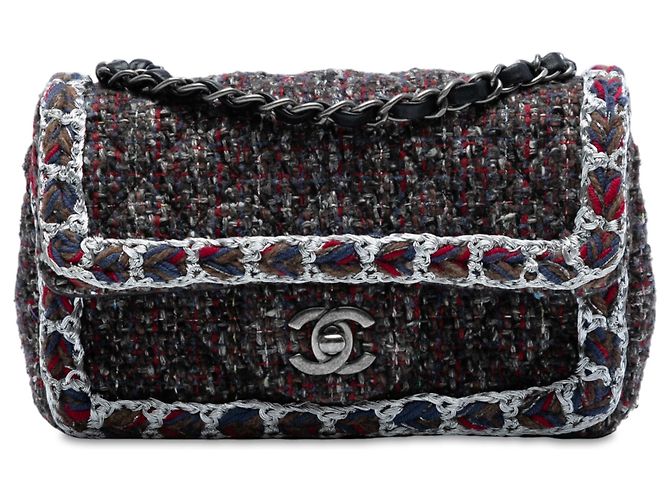 Borsa a tracolla Chanel Mini Rectangular Classic in tweed intrecciato con patta singola nera Nero