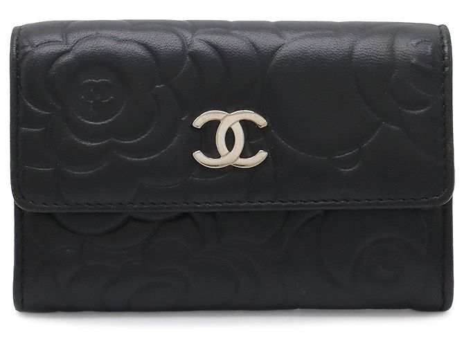 Black Chanel CC Embossed Leather Camellia Card Holder