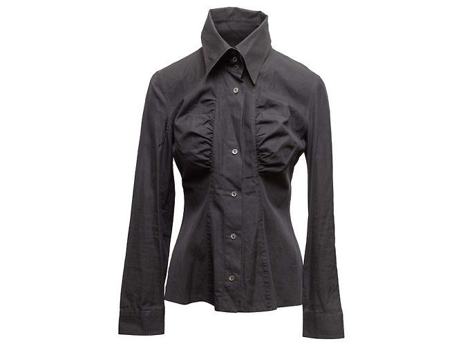 Schwarzes Dolce & Gabbana gerafftes Langarm-Button-Up-Oberteil Größe US S