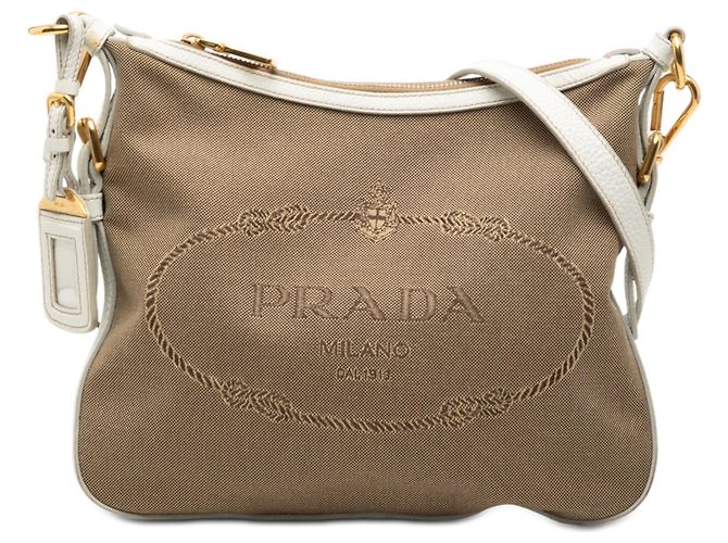 Bolsa transversal Prada Canvas Canapa Logo cor Tan Camelo