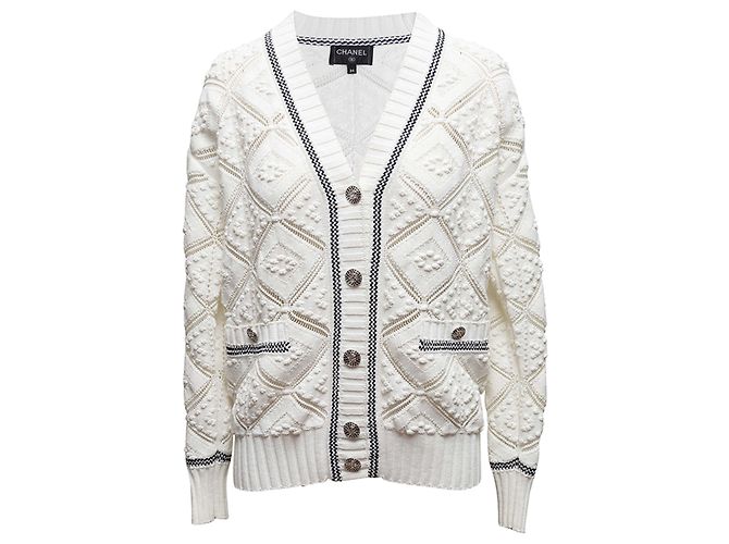Weiß-schwarzer Chanel V-Ausschnitt Cardigan Größe FR 34