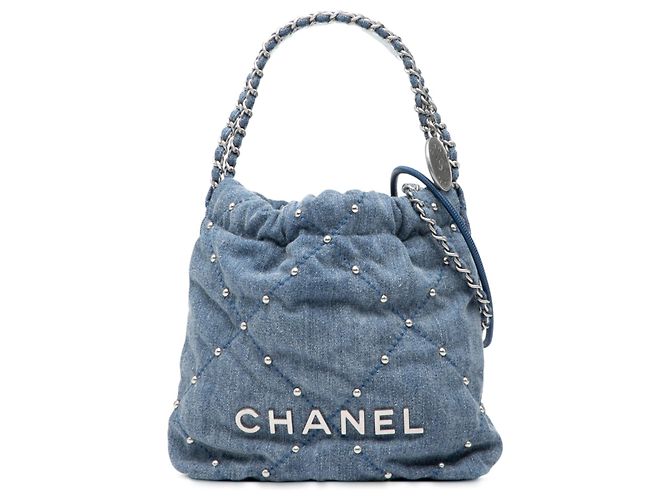Borsa Chanel Mini Denim Studded 22 Blu Satchel
