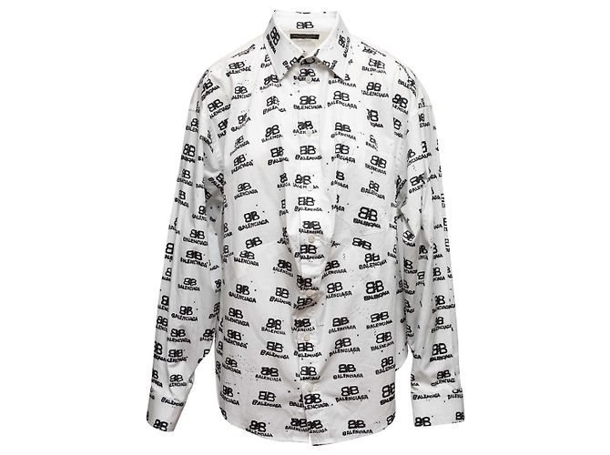 Weiß-schwarzes Balenciaga Logo-Print Button-Up Top Größe FR 34