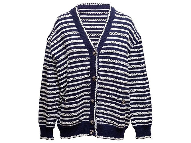 Chanel gestreifter Baumwollcardigan in Navy & Weiß Größe FR 48 Blau