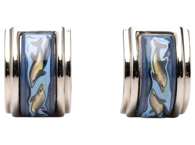 Hermès Emaille Delfin in Sea Cloisonné Clip-Ohrringe in Blau 