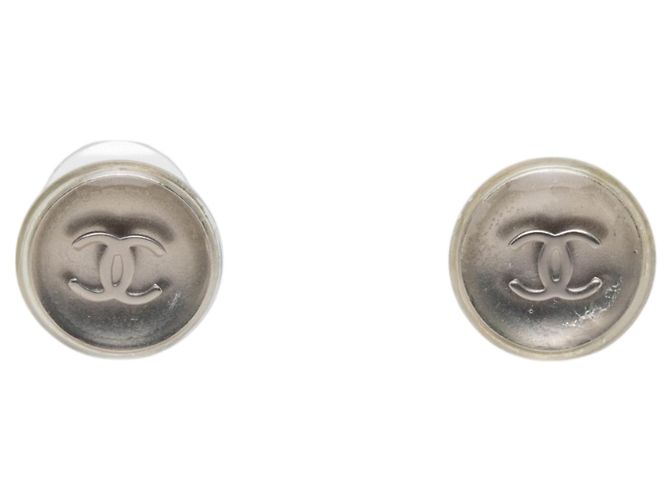 Orecchini a lobo rotondi in resina e ottone Silver Chanel CC Argento