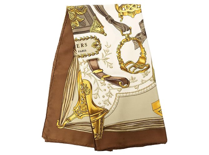 Lenço de seda Hermès Etriers 90 bege