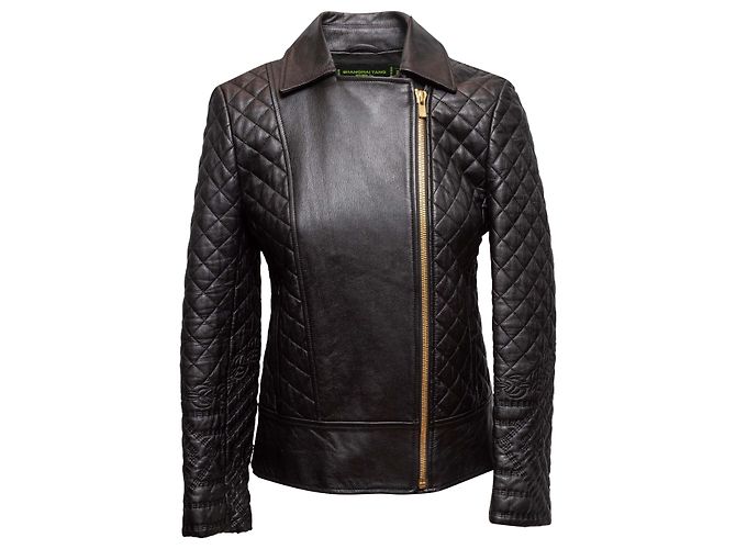 Schwarze gesteppte Leder-Moto-Jacke Shanghai Tang Größe US 4