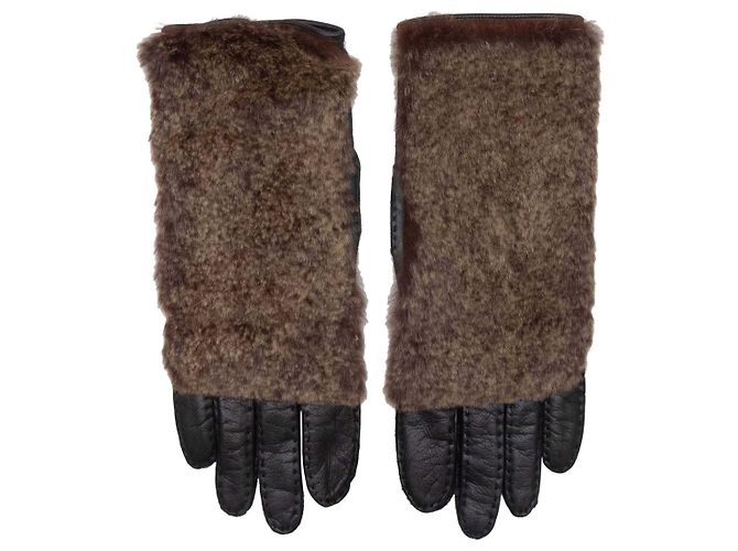 Chanel Pelz- und Lederhandschuhe Braun & Schwarz Größe 6.5