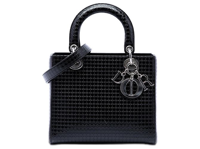 Borsa Lady Dior Medium in microcannage metallizzato vernice nero