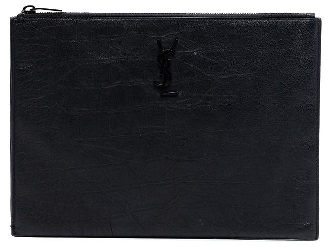 Schwarze Saint Laurent Monogram Clutch aus krokoprägtem Leder