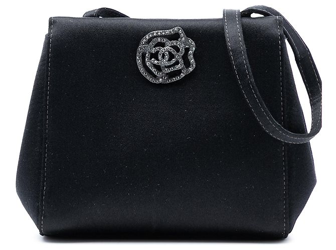 Schwarze Chanel Satin-Abendtasche mit Camellia