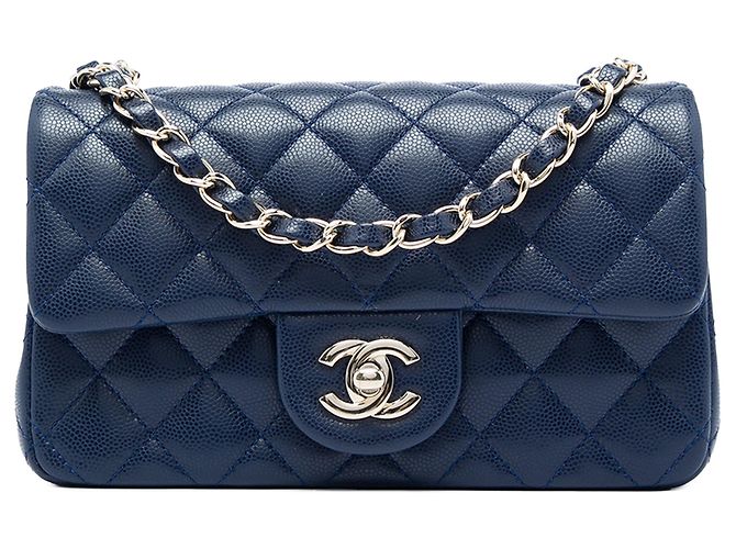 Borsa a tracolla Chanel Mini Rectangular Classic Caviar Single Flap Blu