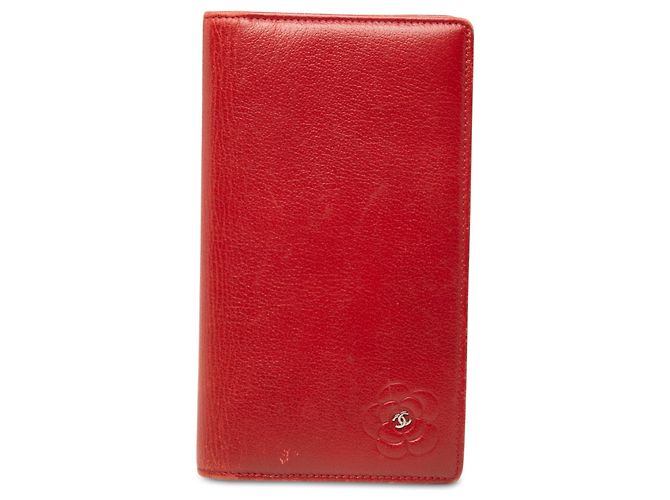 Red Chanel CC Camellia Embossed Leather Long Wallet