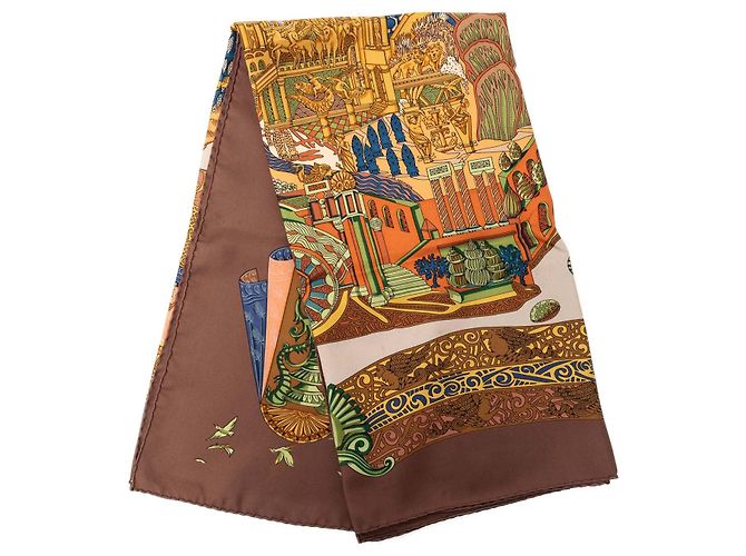 Lenço de seda Hermès L Atlantide 90 marrom