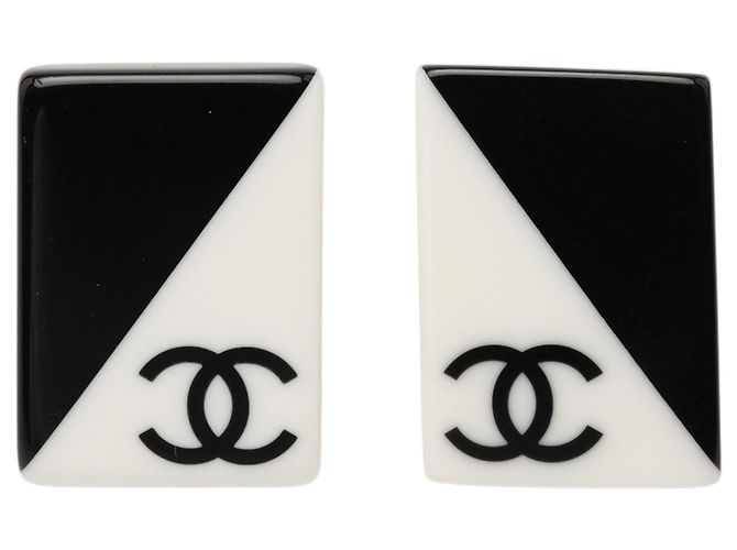 Black Chanel CC Bicolor Acrylic Rectangular Clip On Earrings