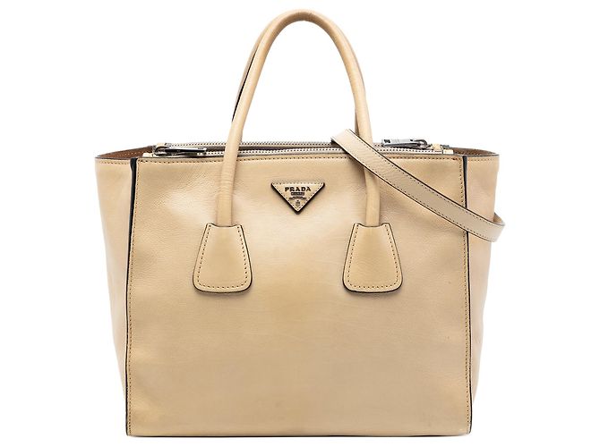 Double Bolsa satchel de couro de vitelo Glace bege com dois bolsos e alça dupla Prada