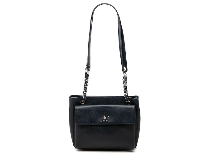Chanel CC Caviar Schultertasche in Blau mit Fronttasche