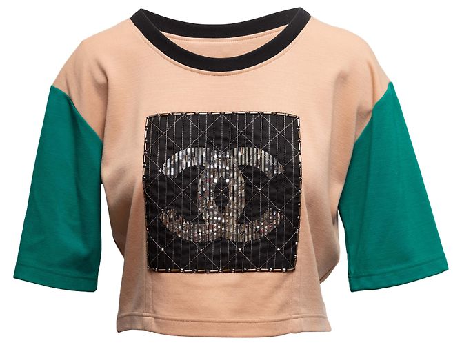 Tan & Multicolor Chanel Embellished Wool Short Sleeve Top Size FR 34 Camel