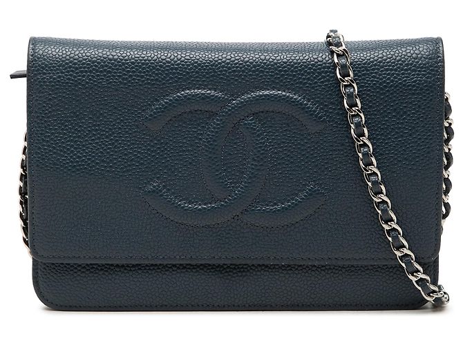 Bolsa Crossbody Blue Chanel CC Caviar Wallet On Chain Azul